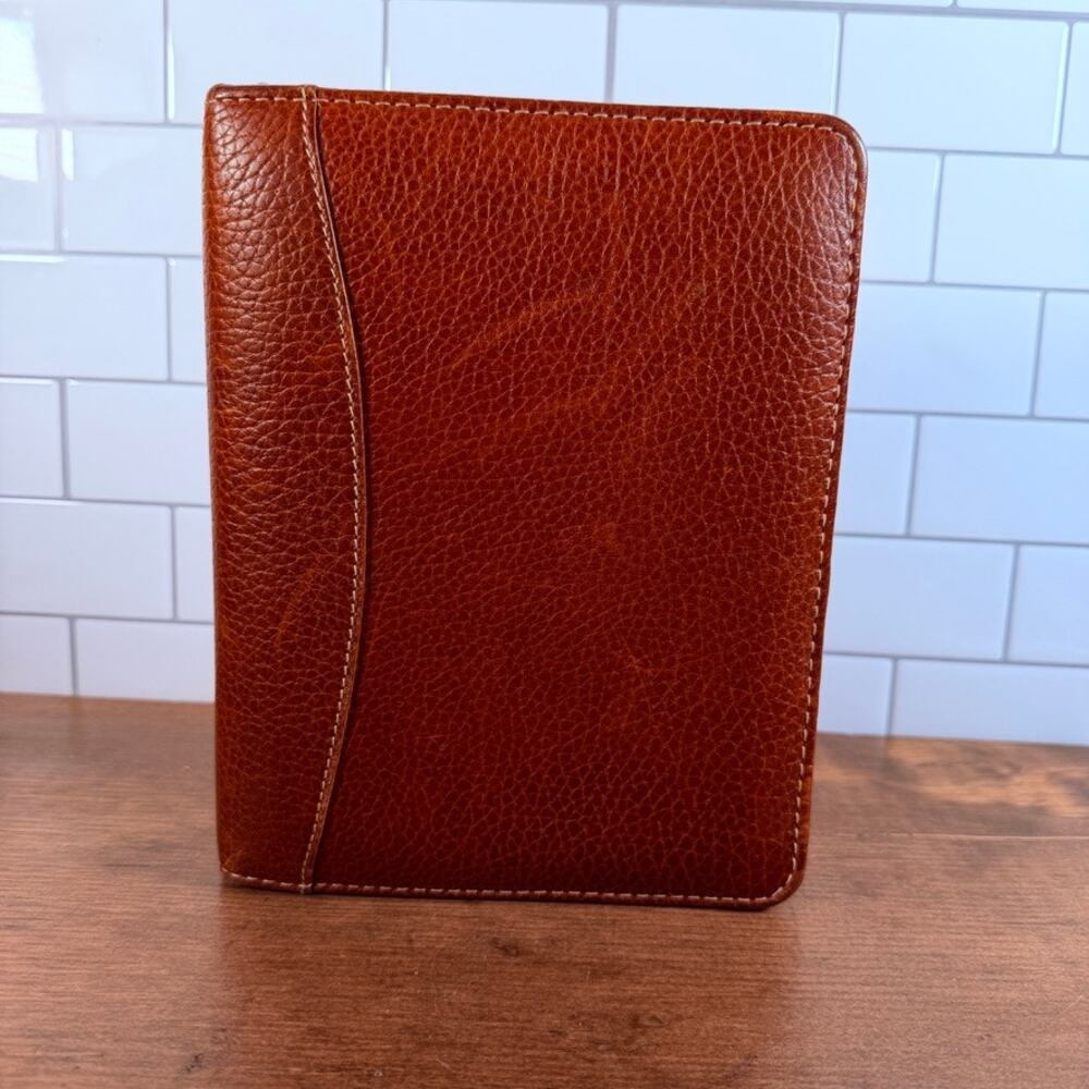 Vintage Franklin Quest Cognac Brown Pebbled Leather Zipper 6 Ring Planner Binder